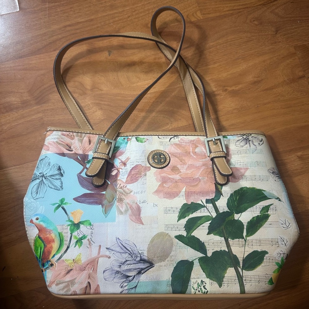 Giani Bernini Tote Womens Medium Tan Floral Bird Print Zip Shoulder Bag Outdoor